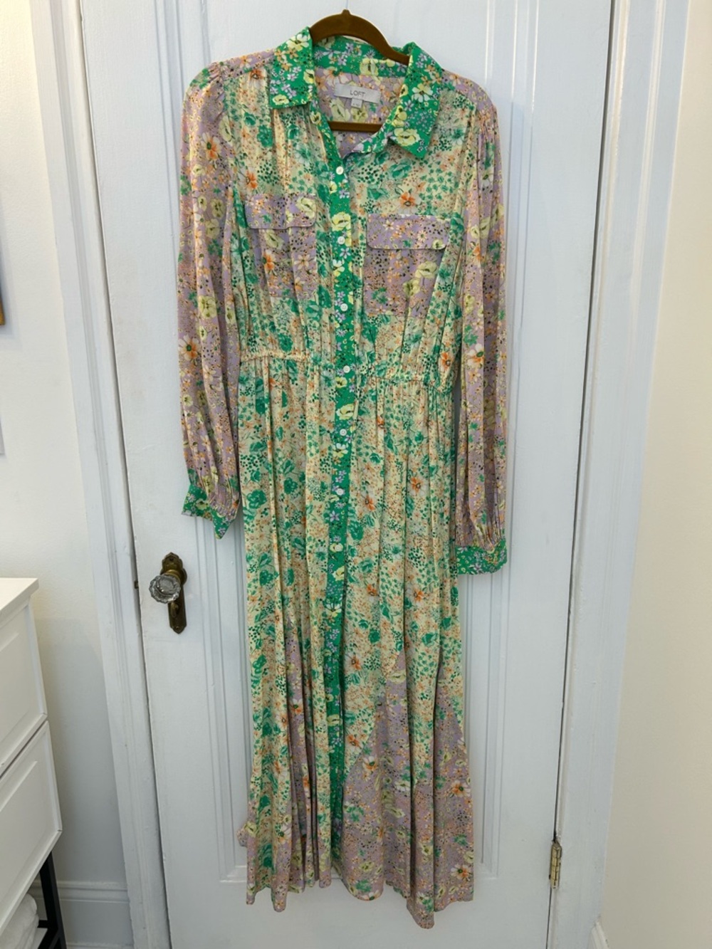 LOFT Green and Lavender Floral Button-Front Maxi Dress